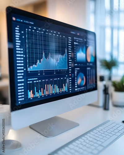 Modern desktop computer displaying financial charts and graphs, showing market data analysis in a bright office setting.  Ideal for business, finance, and technology concepts.