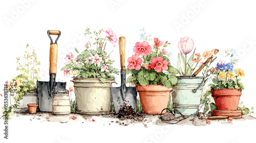 A terracotta pot with gardening tools and a pink blossom sits in a vibrant flower gardenA terracotta pot with gardening tools and a pink blossom sits in a vibrant flower garden