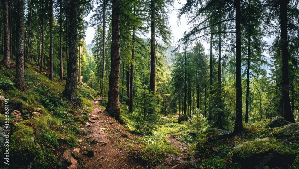 Fototapeta premium Lush forest path winding through towering trees