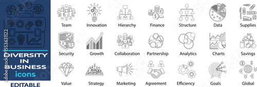 Diversity in business vector line icons. Containing Team, Innovation, Hierarchy, Finance, Structure, Security, Growth, Collaboration, Partnership, Analytics and more. Solid vector line icons.