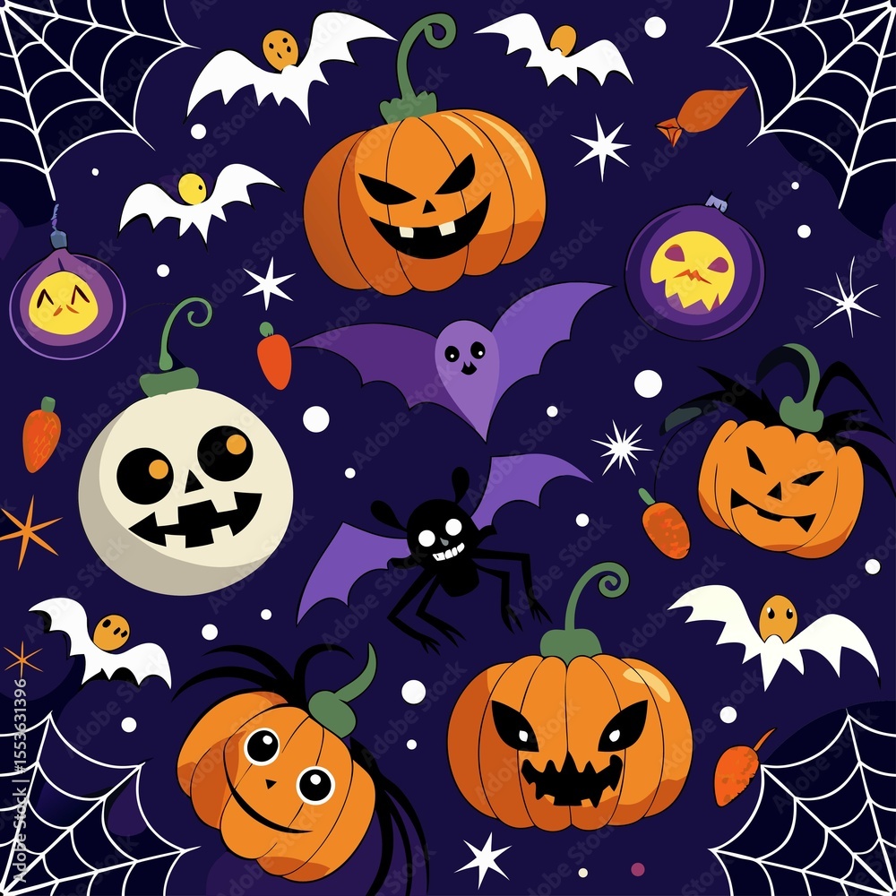 Fototapeta premium Spooky Halloween Night Seamless Pattern with Pumpkins and Bats