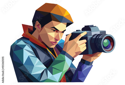 Low Poly Photographer Vector, Polygonal Camera Man Icon Geometric Art