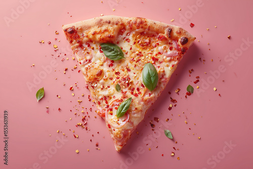 flat lay of a single slice of cheesy pizza with basil leaves and chili flakes on pink background showing crispy crust and toppings perfect for fast food branding or menu design themes