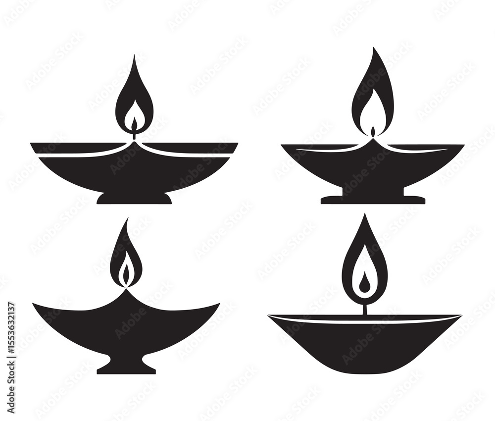 Fototapeta premium Set of vector images of diwali oil lamps. Black silhouette diwali oil lamps collection.