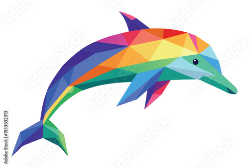 Colorful Low Poly Rainbow Dolphin Icon in Polygonal Vector Art Style