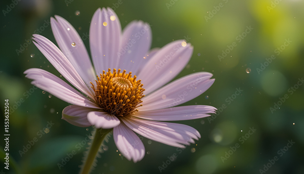 Obraz premium Delicate pink daisy radiates beauty against a soft green backdrop, enhanced by shimmering light particles adding magic to the floral scene.
