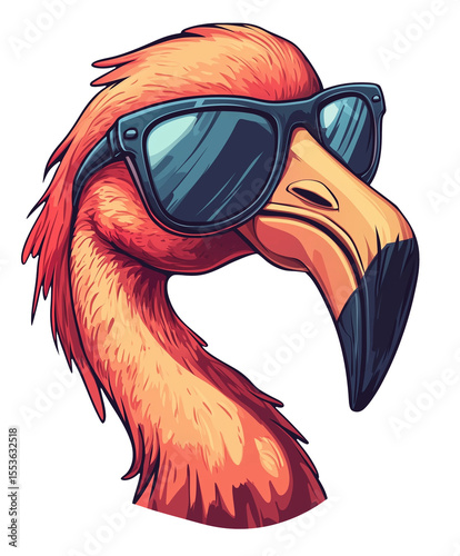 Vibrant illustration of a cool flamingo head wearing stylish sunglasses, perfect for summer themes, tropical party designs, and trendy animal character art isolated.