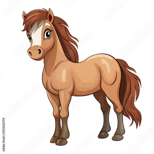 Cute cartoon horse illustration with brown mane and tail, perfect for children's books, farm animal themes, and adorable equine character designs isolated.