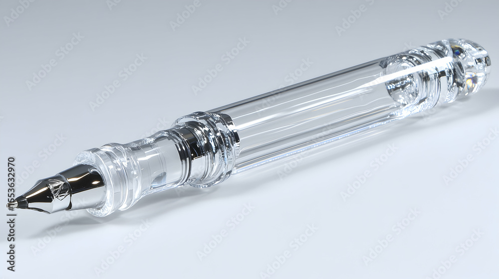 Fototapeta premium Sleek transparent pen with chrome accents, modern design, isolated on white background. Perfect for business, office, or stationery concepts.