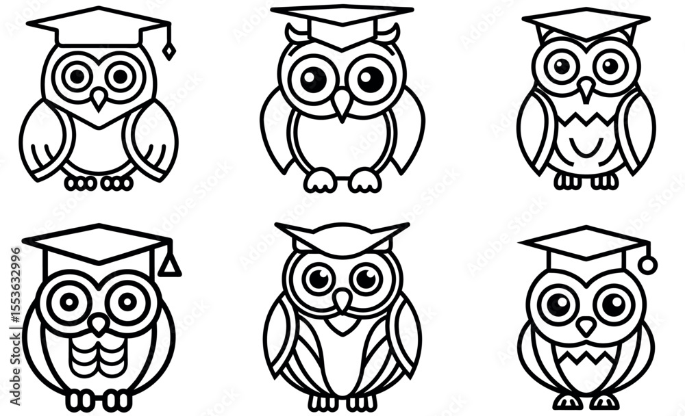 Obraz premium Cute Outline Owls with Graduation Caps for Educational Resources