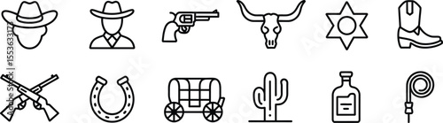  Vector Icon Set for Western Cowboy, Includes Hat, Gun, and Cactus Icons