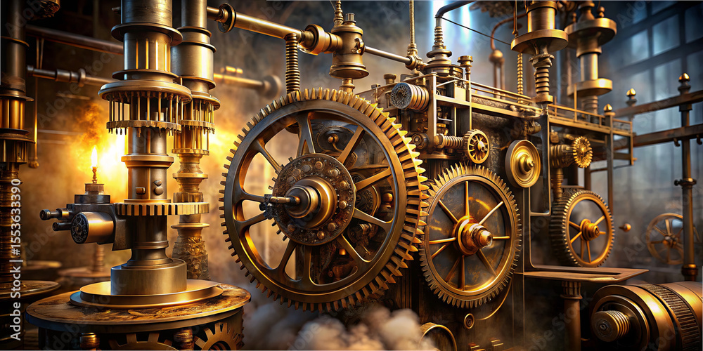 Fototapeta premium A complex arrangement of brass gears and pipes fills the workshop, softly illuminated by warm light, creating a captivating steampunk atmosphere with intricate details