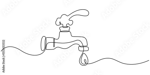 Water Tap continuous one line drawing minimalism design, Single line drawing of faucet with water drop, Water Shortage Continuous Line Editable Stroke Line, Black water tap with flowing water.