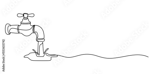 Water Tap continuous one line drawing minimalism design, Single line drawing of faucet with water drop, Water Shortage Continuous Line Editable Stroke Line, Black water tap with flowing water.