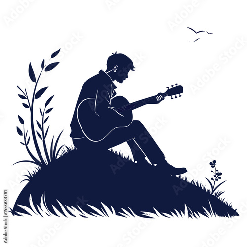 Silhouette of a Musician Playing Acoustic Guitar on a Hilltop Peaceful Melody
