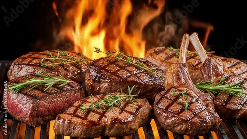 Grilled steaks and lamb chops are cooking over an open fire