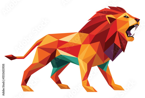 Roaring lion low poly vector geometric style, polygonal Fierce lion illustration clipart.