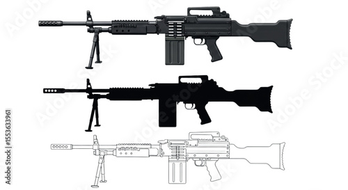 M240 Machine Gun Side View – Realistic, Silhouette, and Line Art Vector Illustrations on White Background
