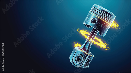 Automotive Piston: An eye-level shot highlighting a detailed image of an engine piston floating in space. Illuminated by radiating energetic lights, this picture demonstrates power and functionality.