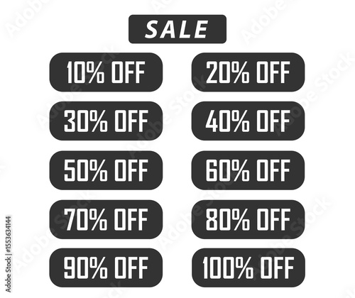 Sale promotion badges featuring various discount percentages from 10% to 100% off, ideal for e-commerce, retail marketing, and special offer campaigns.