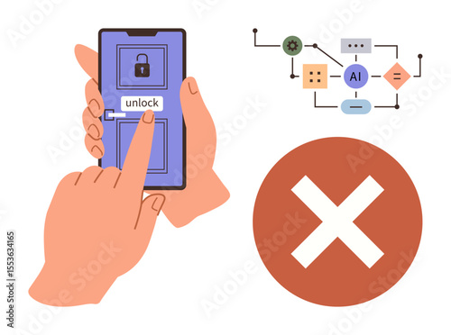 Hand entering unlock code on smartphone with lock icon, AI-driven data flowchart, and error cross symbol. Ideal for cybersecurity, AI, technology, error handling, automation, privacy data
