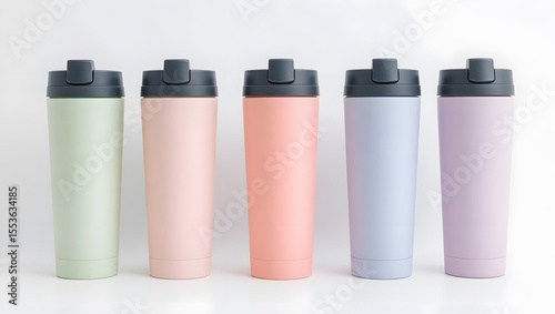 Collection of five pastel colored reusable travel mugs with dark grey lids arranged in a row