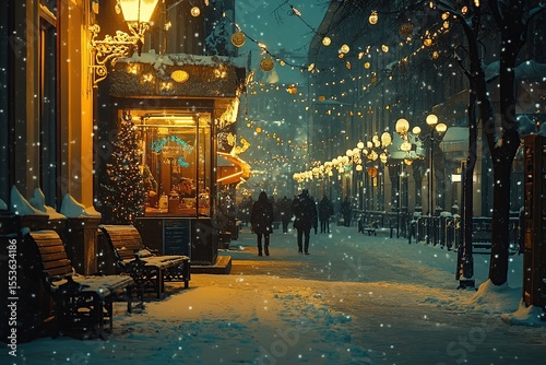 Streets of Moscow, night view with lights and decorations, snowfall, street lamps, warm yellow light