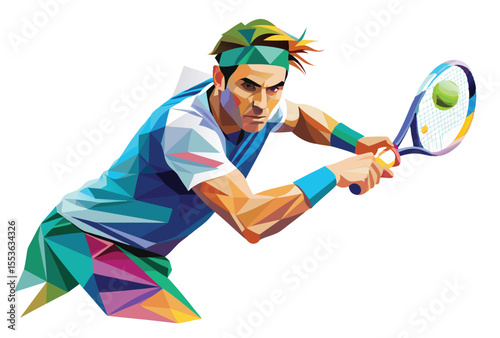 Low poly vector illustration of tennis player hitting powerful backend shot