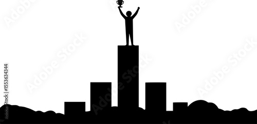 Winner silhouette standing atop a towering podium, holding a trophy, symbolizing success, achievement, leadership, and triumph in sports or business isolated.