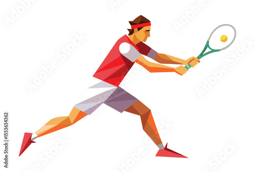 Low poly vector illustration of tennis player hitting powerful backend shot