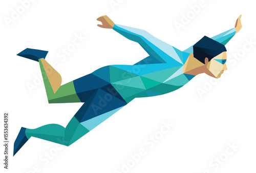 Low poly swimming man vector geometric style, polygonal swimming man icon illustration.