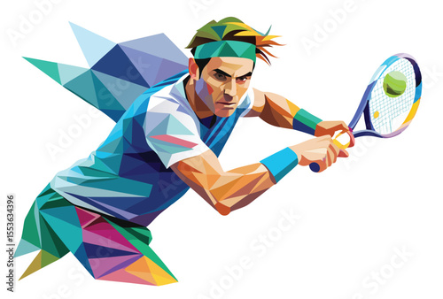 Low poly vector illustration of tennis player hitting powerful backend shot