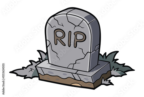 Cracked stone tombstone with RIP text spooky graveyard vector illustration.