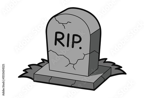 Cracked stone tombstone with RIP text spooky graveyard vector illustration.