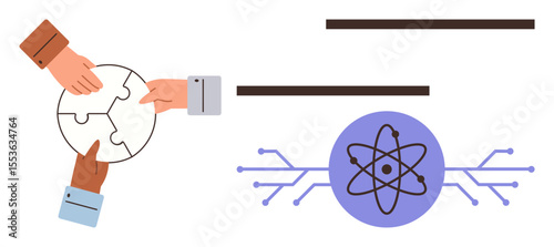 Hands putting together a puzzle piece represent collaboration, connected to an atom icon symbolizing innovation and technology. Ideal for teamwork, science, education, creativity, research