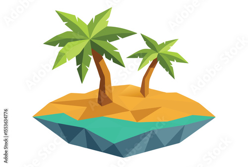 Low poly island with palm tree vector elements, polygonal tropical island icon illustration.