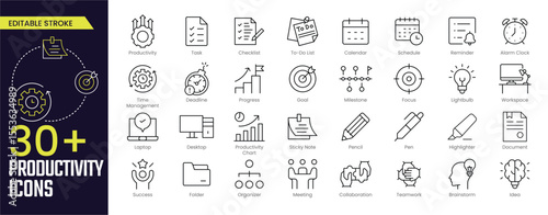 Productivity Stroke icon collections. Containing Task, Checklist, To-Do List, Calendar, Schedule, Reminder, Alarm Clock, Meeting, and Teamwork icons. Editable Stroke icon collection Outline icon