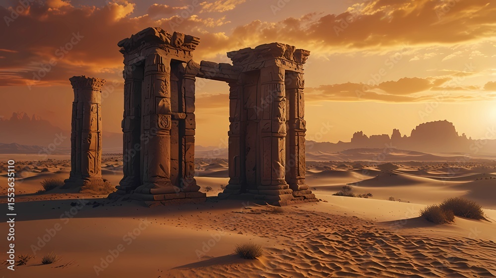 Fototapeta premium Ancient Ruins in a Vast Desert at Sunset