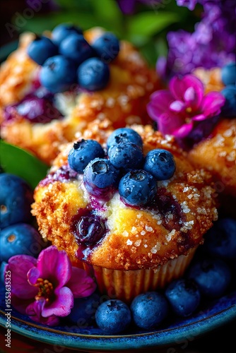 Blueberry muffins with fresh berries, top view