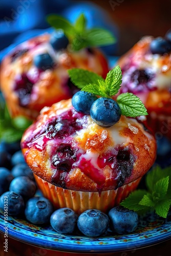 Blueberry muffins with fresh berries, top view