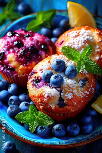 Blueberry muffins with fresh berries, top view