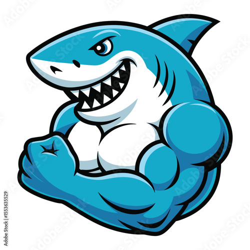 Muscular Blue Shark Cartoon Character Flexing Biceps Strong Powerful Mascot Illustration