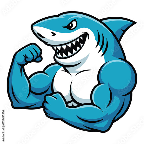 Muscular Blue Shark Cartoon Character Flexing Biceps Strong Powerful Aquatic Animal Illustration