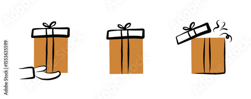 GIft box icons in various stages in cartoon style of opening with hand drawn ribbon and minimal flat colors