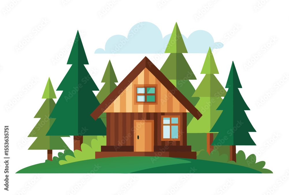 Fototapeta premium Wood house in forest vector elements, Forest house clipart nature scenery illustration.
