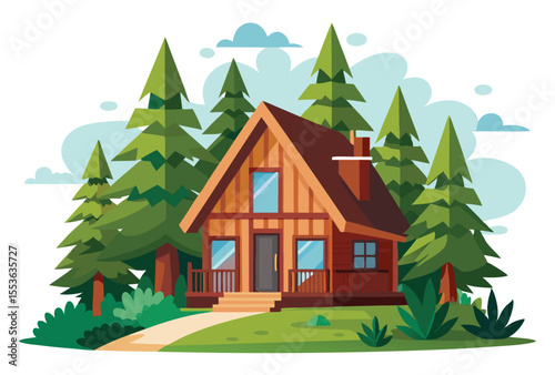 Wood house in forest vector elements, Forest house clipart nature scenery illustration.