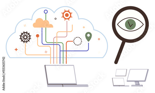 Cloud connected to devices via colorful lines, gears, and location marker, magnifier with eye for analysis. Ideal for cloud technology, data integration, connectivity, cybersecurity, monitoring