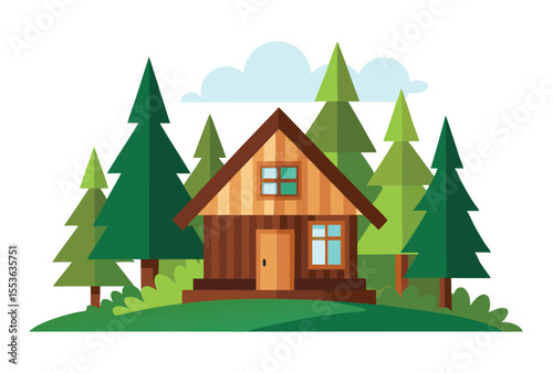 Wood house in forest vector elements, Forest house clipart nature scenery illustration.
