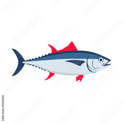An animated cartoon illustration of a Tuna with blue back and red fins in profile