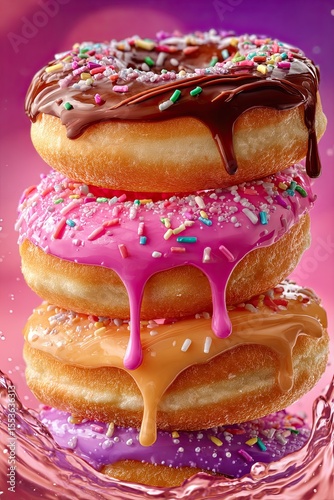 flying donuts, mix of colorful sweet donuts on white background